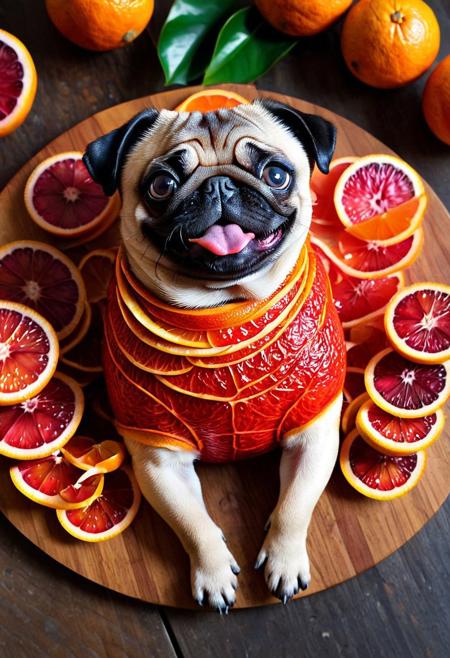 blood orange style, Create an image of an adorable pug-like creature with the texture and color of a ripe blood orange. The creature's body is covered in a deep crimson-orange peel, with characteristic dimples and a slightly bumpy surface. Its ears flop like soft orange segments, and its jowls have a pulpy plushness. The pug’s round little belly glows with a ruby translucence, while its stubby legs end in tiny paws dusted with zest. Its eyes are large and soulful, with a juicy sheen, and its squashed snout curls slightly, topped with a small, leafy stem. Its curly tail spirals like a tightly wound orange peel, and its tongue pokes out, glossy and pomegranate-pink. The pug is posed playfully, as if mid-bark or ready to leap, with its paws perched on a rustic wooden cutting board. Surrounding the creature are blood oranges in various states — some whole, some sliced to reveal the vivid maroon flesh — scattered across the surface. In the background, a warm, golden light filters through citrus leaves overhead, casting vibrant dappled shadows and creating an atmosphere of cozy whimsy and surreal charm. The overall image conveys a sense of fantastical sweetness, blending the familiar with the delightfully strange.