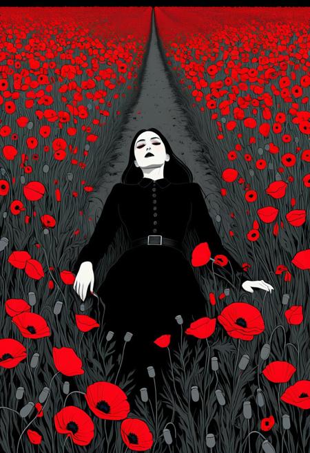 a reclining figure on a field of poppies, blending emotional rawness with vibrant floral abstraction
, minimalistic horror, dark background, eerie atmosphere, surreal illustration, unsettling calm, big-eyed character, horror aesthetic, monochrome with red contrast, gothic minimalism