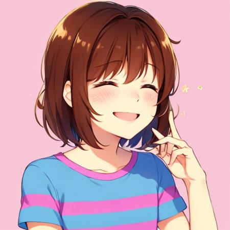 frisk undertale brown hair short hair closed eyes brown eyes blue and pink striped sweater blue and pink striped shirt