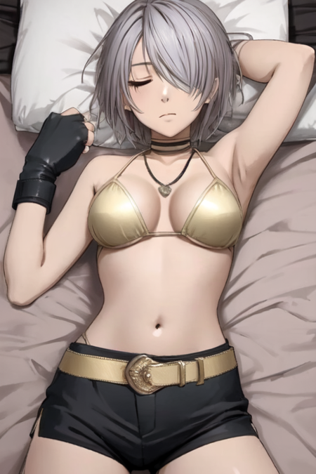 Arisa Izumi, silver hair, short hair, hair over one eye, brown eyes, necklace, choker, gold bra, black gloves, fingerless gloves, belt, black shorts, black boots, high heels