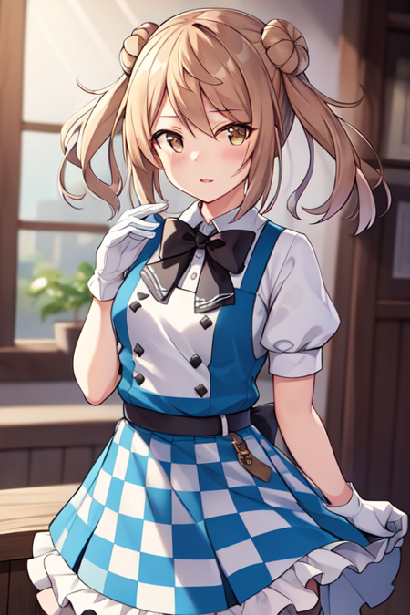 michishiokainiKC, brown eyes,1girl, solo, shirt, long sleeves, bow, hair bun, double bun, short twintails, pinafore dress, bowtie