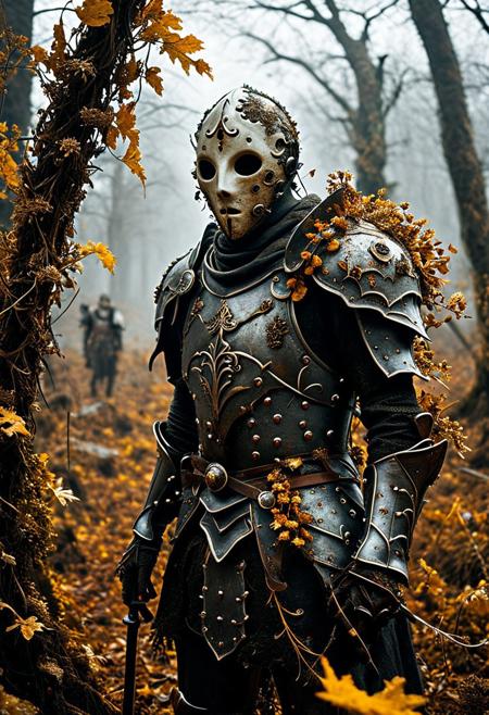 score_9, score_8_up, score_7_up, score_6_up, score_5_up,
highly detailed, cinematic, realistic horror nature fusion  
a knight in armor made of fungus-covered bones and twisted vines, face hidden by a mask of dried leaves, standing in a battlefield overtaken by nature, decaying corpses blending into the terrain