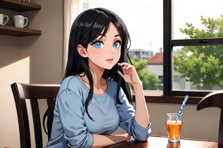 solo, 1girl, long black hair, light blue eyes, casual clothing, sitting at table