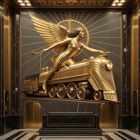 RetroBG. A monumental Art Deco interior lobby wall, depicting a gilded bas-relief of a winged female warrior (Valkyrie with perfect noble face) soaring above a sleek 1930s streamlined locomotive. The background is cool-toned gray marble, with radiant sunburst lines behind the figure. Every surface shimmers with polished metal and black stone, exuding futuristic optimism as envisioned in the opulent age of the Roaring 20s. The darkest blacks contrast with the most brilliant gold, surrounded by geometric architecture, mechanical motifs, and heroic grandeur. Elegant lighting enhances the drama. Inspired by heroic propaganda murals and luxurious train stations.