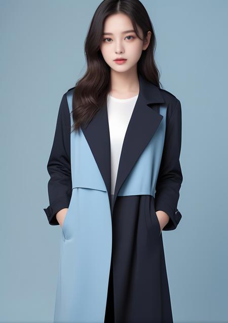 1 girl, wearing a long black and blue trench coat, the background is light blue color blocks, full body photo, facing the camera, beautiful face, photographic texture, movie texture, xm