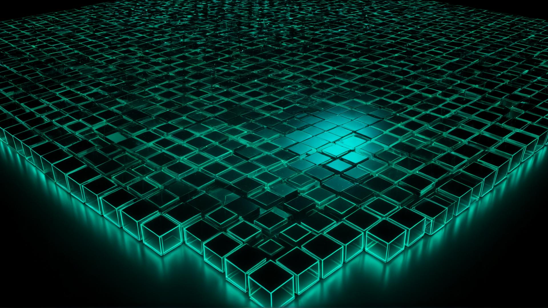 A field of floating, glowing cubes, arranged symmetrically across the scene. The cubes glow with soft green and blue light, casting faint reflections onto a dark, glossy surface. The background is a gradient from deep black to dark teal., Photorealistic, Hyperrealistic, Hyperdetailed, analog style, soft lighting, subsurface scattering, realistic, heavy shadow, masterpiece, best quality, ultra realistic, 8k, golden ratio, Intricate, High Detail, film photography, soft focus