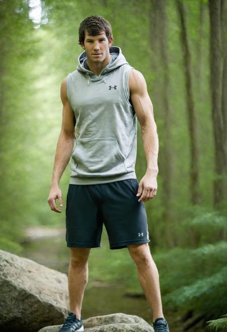 (full body) photo of dustin_zito, wearing a sleeveless well-fitted Under Armour hoodie and compression shorts in a forest wearing sneakers standing on a boulder, 35mm photograph, film, bokeh, professional, 4k, highly detailed <lora:dustin_zito_xl-05:1>, creek in the background, natural lighting, golden hour