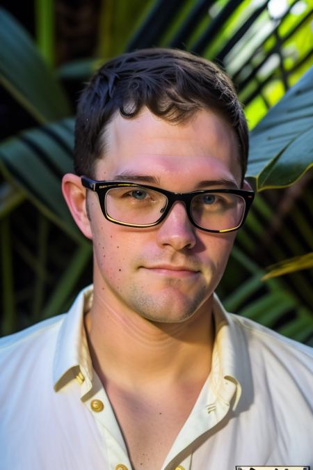 raw photo of a young adult man, extreme close up, perfect face, glasses, white button up shirt, in a jungle paradise, 8k uhd, fujifilm xt3