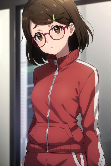 risaaoi, <lora:risa aoi s1-lora-nochekaiser:1>,
risa aoi, short hair, brown hair, hair ornament, (brown eyes:1.5), glasses, hairclip, red-framed eyewear,
BREAK jacket, pants, track jacket, track suit, haori,
BREAK indoors,
BREAK looking at viewer, (cowboy shot:1.5),
BREAK <lyco:GoodHands-beta2:1>, (masterpiece:1.2), best quality, high resolution, unity 8k wallpaper, (illustration:0.8), (beautiful detailed eyes:1.6), extremely detailed face, perfect lighting, extremely detailed CG, (perfect hands, perfect anatomy),