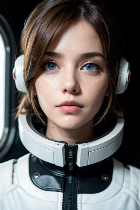 photo of a ginger woman, in space, futuristic space suit, (freckles:0.8) cute face, sci-fi, dystopian, detailed eyes, blue eyes