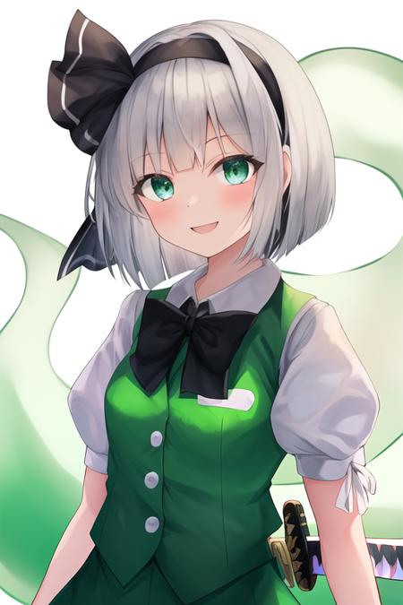 masterpiece, best quality, highres, solo, {konpaku_youmu_touhou:1.10}, short_hair, ribbon, hairband, black_hairband, hair_ribbon, white_hair, black_ribbon, bangs, sword, katana, vest, blue_eyes, green_vest, hitodama, bow, sheath, grey_hair, 1girl, black_bow, black_bowtie, bowtie, collared_shirt, shirt, white_shirt, looking_at_viewer, puffy_short_sleeves, puffy_sleeves, short_sleeves, simple_background, upper_body, blush, green_eyes, bob_cut, open_mouth, smile, white_background