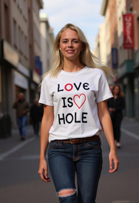 beautiful blonde girl walking in the street with a white shirt that says "Love is Hole" where the letters o is replaced by a heart
