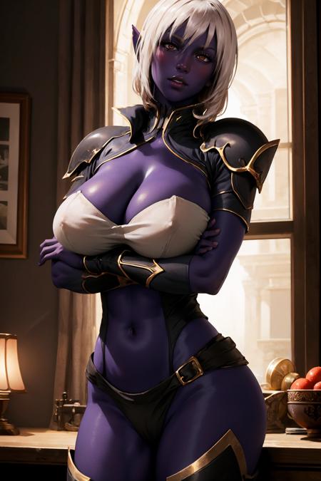 nualia, purple skin, pointy ears armor, bandeau