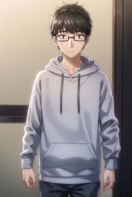 koikimomasuda, <lora:koikimo masuda s1-lora-nochekaiser:1>,
masuda, short hair, black hair, male focus, glasses, black-framed eyewear, (black eyes:1.5),
BREAK socks, pants, hood, hoodie, hood down, grey pants, grey socks, orange hoodie,
BREAK indoors,
BREAK looking at viewer, (cowboy shot:1.5),
BREAK <lyco:GoodHands-beta2:1>, (masterpiece:1.2), best quality, high resolution, unity 8k wallpaper, (illustration:0.8), (beautiful detailed eyes:1.6), extremely detailed face, perfect lighting, extremely detailed CG, (perfect hands, perfect anatomy),