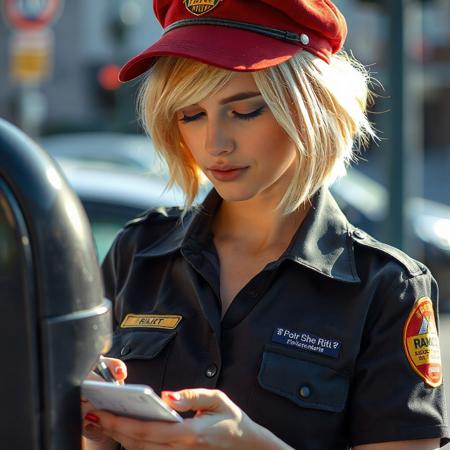 lovely Rita, meter maid, writing a parking ticket, in uniform, cap, beautiful, blonde, short hair, close up on face and torso