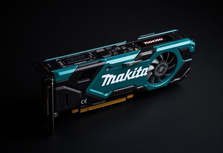 Shockproof construction computer video card made by Makita. Shockproof construction tool style video card RTX. "Makita" logo on the body.