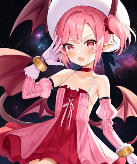 Majolene,pink hair,short hair,side ponytail ,pink eyes,   standing, upper body, 
MajoMagi,gloves,choker,detached sleeves ,white thighhighs ,dress,bracelet, tail, bat wings,demon tail, whit hat, 
outer space, stars, 
(insanely detailed, beautiful detailed face,  masterpiece, beautiful detailed  eyes, best quality)  <lora:Majolene:0.7>