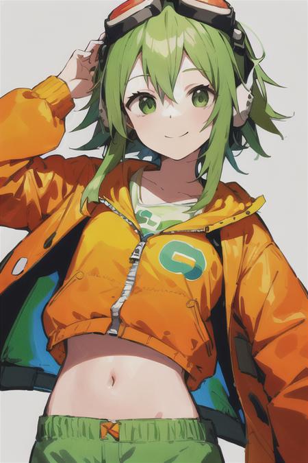 withLora(GUMI_v1,0.8), gumi, goggles, googles on head, headphones, masterpiece, 1girl, solo, looking at viewer, smile, simple background, jacket,orange jacket