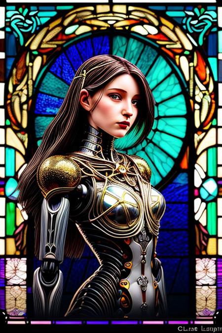 A humanoid AI represented in Art Nouveau style, with intricate, flowing lines and decorative patterns. She has a serene expression, her hair a cascade of metallic threads intertwined with floral motifs. Her body is partly robotic, with gold and pearl accents, seamlessly blending with organic forms. The background is a stained-glass-style design, featuring celestial and floral imagery. Art style: detailed, ornamental, and vintage-inspired."
