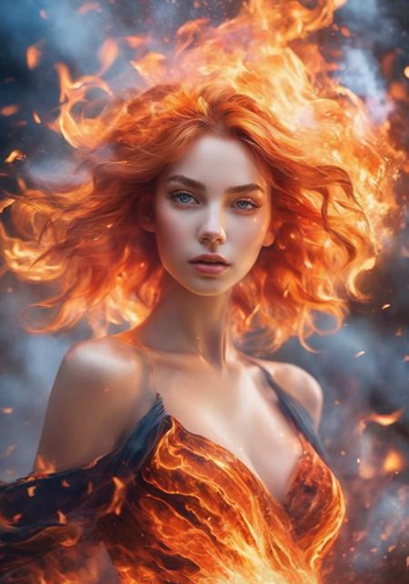 (Masterpiece, high quality, best quality, official art, beauty and aesthetics:1.2),(fire element:1.1),composed of fire elements,(1girl:1.2),<lora:xl-shanbailing-1003fire-000010:0.8>,burning,transparency,fire,(molten rock),flame skin,flame print,fiery hair,smoke,cloud,<lora:xl0917ukl-v12:0.7>,ukl,cleavage,a girl wrapped in flames soaring flames radiating sparks,perfect face,the perfect hand,