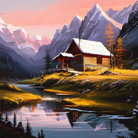 a landscape painting of a a mountain cottage,  inkpunkLandscapes768, f/1.4, square image, close up film photo, portrait of a lady, yellow highlighted, red eyes, traditional jewelry, elegant pose, atmospheric lighting, cinematic composition, detailed, winter, filmgenre__