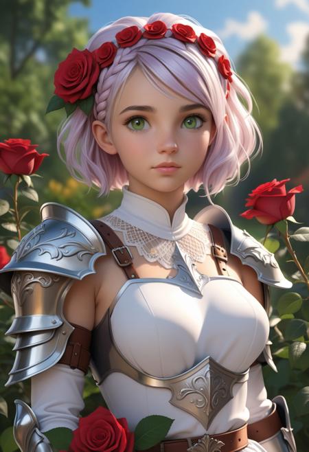 photorealistic, octane render, best quality, 1girl, petite, short girl, noelle gi, short hair, white hair, green eyes, braid, hair flower, red rose, knight armor, fantasy armor, maid skirt, belt, looking at viewer, sharp focus, (8k), (4k), (Masterpiece), (Best Quality), (realistic skin texture), extremely detailed, intricate, hyper detailed, illustration, soft lighting, high resolution, sharp detail, vivid, colorful, outdoors, nature, <lora:noelle by Goofy Ai:1>, <lora:add_detail:0.6>,