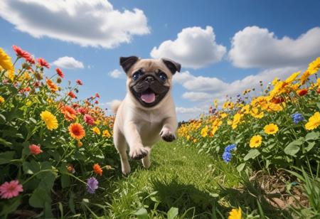 Highly detailed photograph of a pug puppy leaping through the air above a field of colorful flowers. Side view. Floppy ears, big eyes, very cute, very happy, joyful. Blue sky with fluffy clouds. Bright sun, god rays.