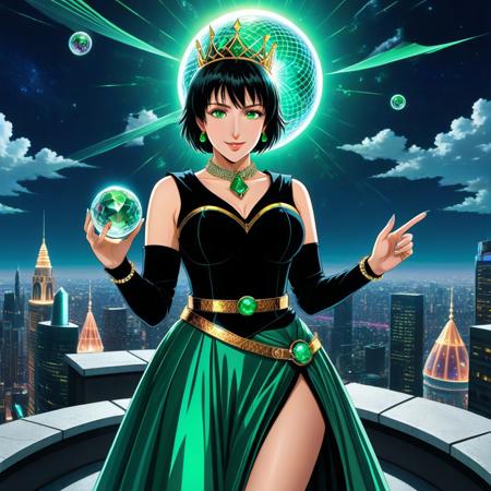 score_9,score_8_up,score_7_up,score_6_up,score_5_up,1girl, Fractangles,fubuki_(one-punch_man),source_anime,orb,one punch man,one-punch_man,(green_eyes),(black_hair),short hair,pale skin,fubuki,black dress,long dress,green gemestones, cyberpunk style,color explosion,glowing,sci-fi,tech,colorful, neon lights,green tone,sci fi,(dress made out of fractangles), (jewelry:1.4),wind_(symbol),green gem,spiked gemestones, gold crown,makeup,green bowtie,(fur-trim black scarf),thick eyebrows,(long eyelashes),(pointy eyebrows),curvy,(tongue), mature_female,symmetrical,(portrait_setting),gold belt,gold necklace,(orbs:1.4),(crystal ball:1.4),gold bracalets,long skirt, (tattoos:1.4),(holding gold staff),(emerald_earrings),wavying skirt,(wide hips),(thick thighs),(long nails),perfect_hands,high skyscrapers,city,landscape from rooftop,balconies,(graffitis), floating orbs,television,(round gemestones),(posters:1.4),big clouds,(steam),starry sky,fullmon,moonlight,binoculars,bags, disc (tron),stalacmites,telescope,weapons,dynamic pose,wide shot,outdoors,hand sign,(motion lines:1.4),illustration,night, broken windows,(trembling lines:1.4),(flying sweatdrops:1.4), statue,thick_outlines,bubbles,smile,fangs,glowing green aura, masterpiece,best_quality,newest,absurdres,best shadow,light particles,highly_detailed_background,amazing quality,highly detailed_skin, ,very_detailed_clothes,power_lines,speed lines, emphasis lines,very aesthetic,dynamic angle,circlet,visor,<lora:add-detail-xl:2>