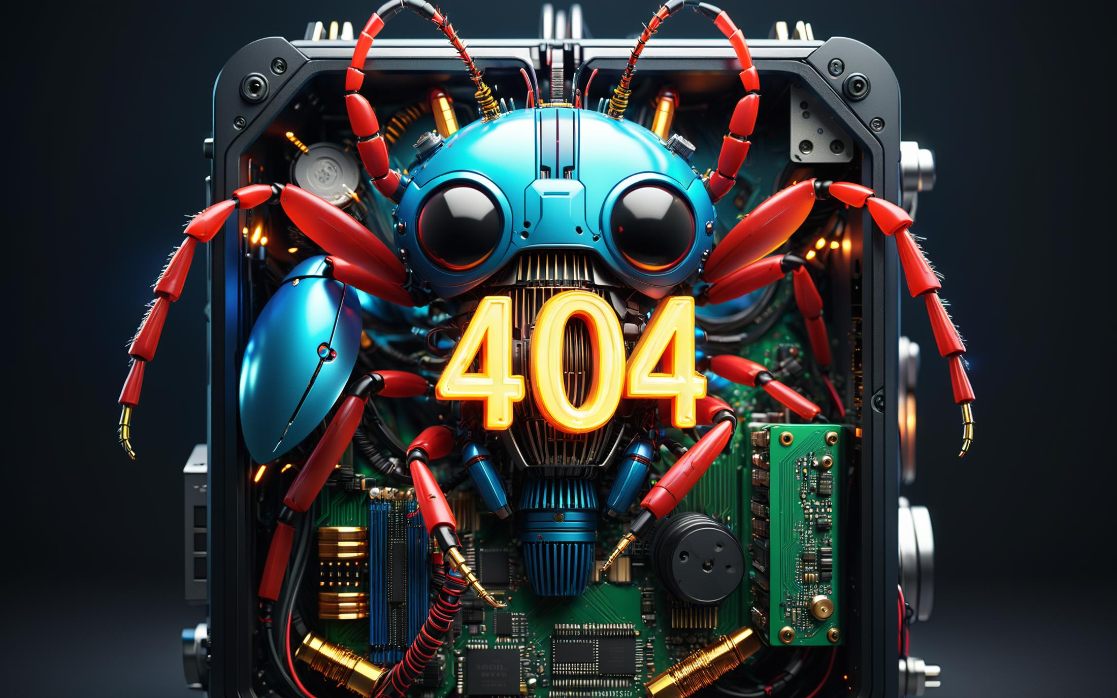 A computer circuit board with a 404 error message in the shape of a bug.