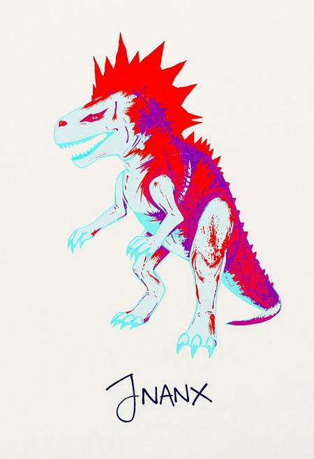 JNANX,luminous white silhouette,cyan glow,emerald highlights,flickering outline,dreamlike movement,
A Banksy-style. This striking artwork features a raw, expressive depiction of a prehistoric creature. The vibrant colors, particularly the bold red and purple against a darker body, give the beast an intense, almost primal energy. A distinctive, jagged crown sits atop its head, adding a regal yet chaotic touch. The overall style is reminiscent of a child's drawing, imbued with a sophisticated sense of line and form. Below the central image, a distinctive signature-like element and a title suggest a specific historical context related to a significant artistic movement or era. The piece conveys a feeling of untamed power and a playful yet profound engagement with iconic imagery.