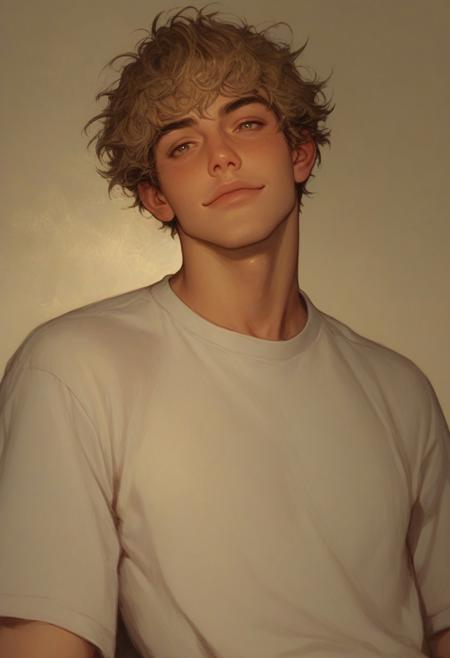 score_9, score_8_up, score_7_up, 1boy, man, adult, tan skin, olive skin, blonde hair, hazel eyes, short hair, messy hair, solo, face focus, PRSNL4 Style, very aesthetic, digital drawing, soft light, detailed background, college campus, looking to the side, handsome, t-shirt, athletic build, stubble, light body hair, jock, confident smile, smirk, sinfully stylish, dramatic lighting, long shadows, Semi-realism, morimee_style
