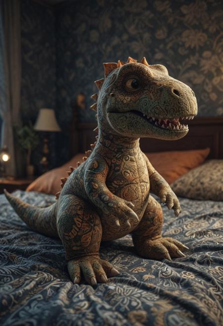 a cute plush t-rex dinosaur made out of batik fabrics,
on the bed, cozy room background,
masterpiece, 8k, octane render, ultra detailed, cinematic, Masterpiece, 3d octane render, hyperrealistic, High Detail, moody