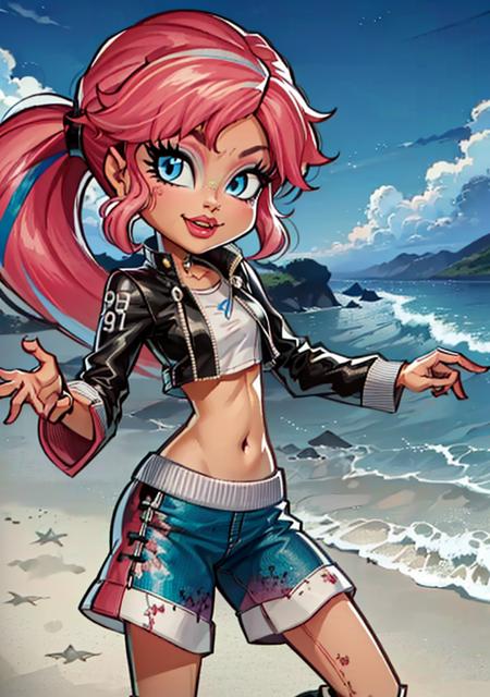 1girl, cute, (monster girl), (zombie girl), (crop top, pink hair, boots, jacket:1.2), looking at viewer, (blue eyes, side ponytail:1.2),
(detailed ladscape, beach:1.2), (background), (dynamic_angle:1.2), (dynamic_pose:1.2), (rule of third_composition:1.3), (dynamic_perspective:1.2), (dynamic_Line_of_action:1.2), solo, wide shot, 
(masterpiece:1.2), (best quality, highest quality), (ultra detailed), (8k, 4k, intricate),(full-body-shot:1), (Cowboy-shot:1.2), (50mm), (highly detailed:1.2),(detailed face:1.2), detailed_eyes,(gradients),(ambient light:1.3),(cinematic composition:1.3),(HDR:1),Accent Lighting,extremely detailed CG unity 8k wallpaper,original, highres,(perfect_anatomy:1.2),
 <lora:ComissionMonsterHigh_Style-20:0.8>