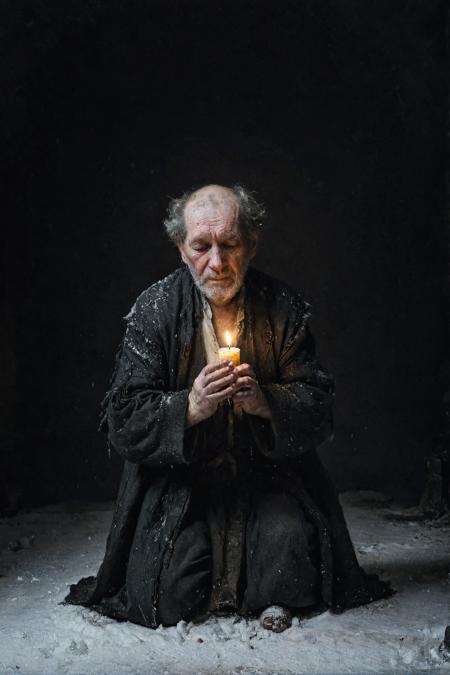 oldman in despair, kneeling, holding a candle in his hands, old clothes, (dark shot:1.2), night, snow, (snowfall:0.8), (winter, wing:1.1), 
in the style of nicola samori, white theme, Rembrandt light,
<lora:ClassipeintXL1.9:0.5>  <lora:xl_more_art-full_v1:0.35>  <lora:NicolaSamori:1.0>