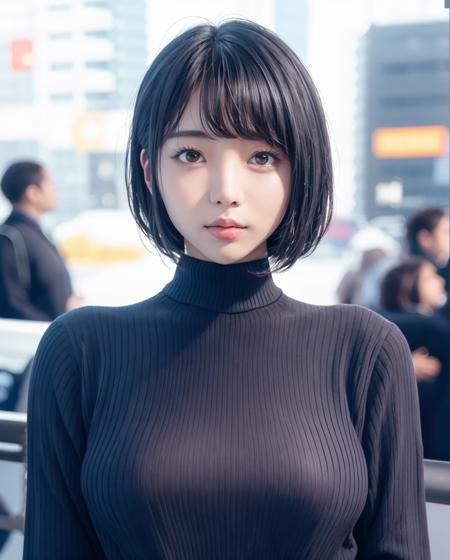 pureerosface_v1:0.24, best quality, photorealistic, 8k, high res, 1girl, woman, (skindentation), (portrait:0.6), ((cityscapebackground:1.62)), full color, ((smallsize round breast, highneck sweater:1.5)), straight-looking at viewer:1.8, (1girl eyes looking at viewer:1.55), (lmedium-length hair, blackhair, partedbangs:1.45), (bokeh),   <lora:CBAV-kaoru:0.7>