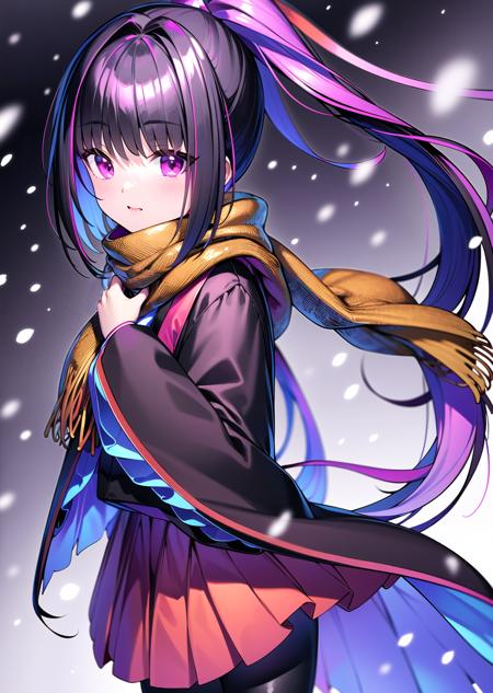 ((masterpiece)), ((best quality)), ((highres)), ((extremely detailed CG unity 8k wallpaper)), solo, (snowing), (black winter coat), (scarf), (red skirt), (black leggings), <lora:karasuba:1>, karasuba, ponytail