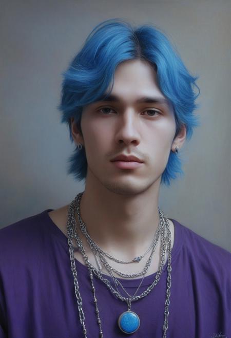 Realistic soft oil painting, a very handsome man with a delicate face, 18 years old with bright blue long hair dyed in a rich color.  Looking up and away, the man wears several pieces of jewelry, including earrings and necklaces. Two necklaces are visible on the neck: one with large beads and pendants in the form of various figures, and the other is a metal chain. The background of the image is a theater studio, and the person's clothes consist of purple and blue elements