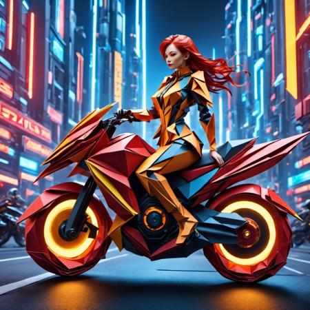 (a beautiful red hair origami cyborg woman racing futuristic sleek red and yellow origami motorbike down the street of neon blue futuristic city trying to out race the three others), LinkGirl, cyborg style, origami, cyberpunk style, <lora:EMS-17123-EMS:0.600000>, , <lora:EMS-48994-EMS:1.100000>, , <lora:EMS-19562-EMS:0.600000>