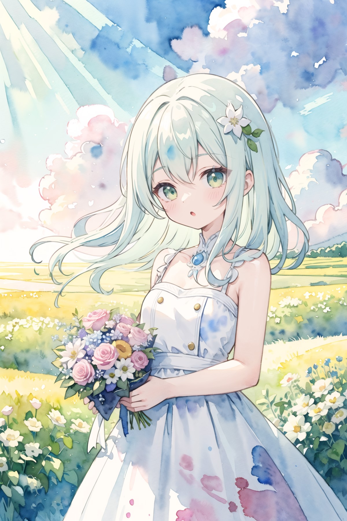 (masterpiece) ,ultra detailed, (watercolor, pastel colors:1.5) (cute illustration:1.2), (field of flowers:1.1) ,yellow ton...