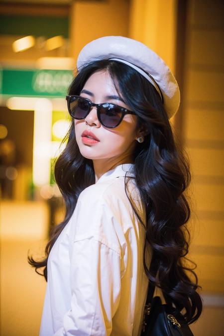 Best Quality,Masterpiece,Ultra High Resolution,(Realisticity:1.4),Original Photo,Cinematic Lighting,
HongKong Style,HongKong, 1girl, solo, hat, sunglasses, black hair, long hair, bag, photo background, black headwear, long sleeves, upper body, shirt, blurry