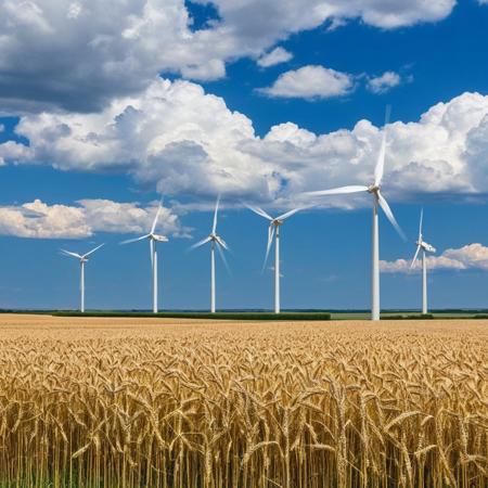 Windmills with 4 grinding blades rotating by the force of the wind activating it, background large wheat fields and blue sky with cumulus clouds