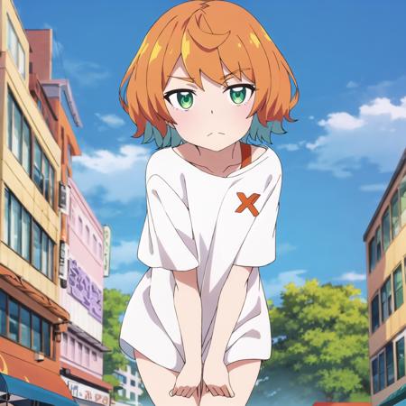 ((Masterpiece)), ((ultra quality)), mona, :o, frown, day, looking at viewer, outdoors, downtown tokyo, city, fullbody, long white shirt, solo, legs, leaning forward, closeup