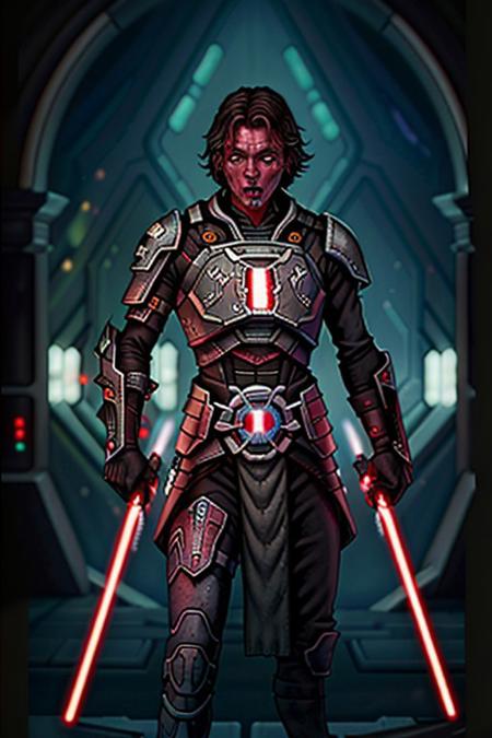 A male Star Wars Old Republic ancient Sith sorceror (Sith Pureblood) with cheek and chin tentacles, he is wielding a red lightsaber, perfect hands, perfect anatomy, best quality, expressive eyes, perfect face, whole/entire character is in composition, full figure is in shot, volumetric lighting, detective short stories, dime detective, spicy adventure, vice squad detective, uncanny tales, thrilling mystery, terror tales, startling mystery, horror stories, dime mystery, sd-pulp, grungy cyberpunk, atmospheric, cinema quality still shot, 8K Ultra, particle effects filter, lifelike, photo, hyperrealism, high accuracy, high fidelity, details ++, realistic, practical creature special effects, HD camera view, Colored Skin, Red skin, yellow eyes, Angular Jaw, Sithpureblood, light_saber,