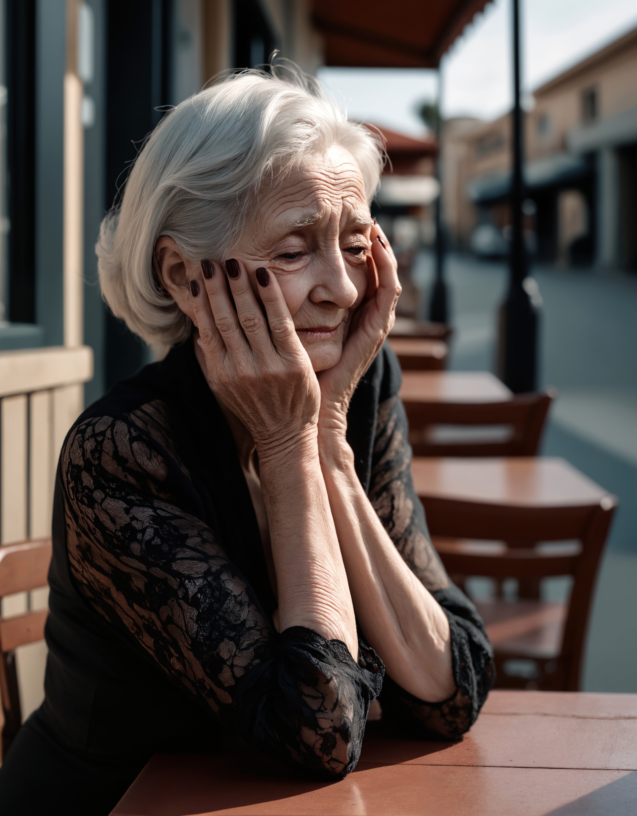 a professional glamour minimalist style photo of the elderly woman, overcome with sorrow, covers her face.her hands clutch...
