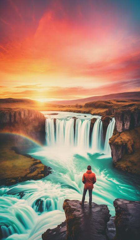 Majestic landscape of Godafoss waterfall flowing with colorful sunset sky and male tourist standing at the cliff. Dramatic unusual scene. Beauty world. Retro filter and vintage style. Instagram toning effect, breathtaking photograph.