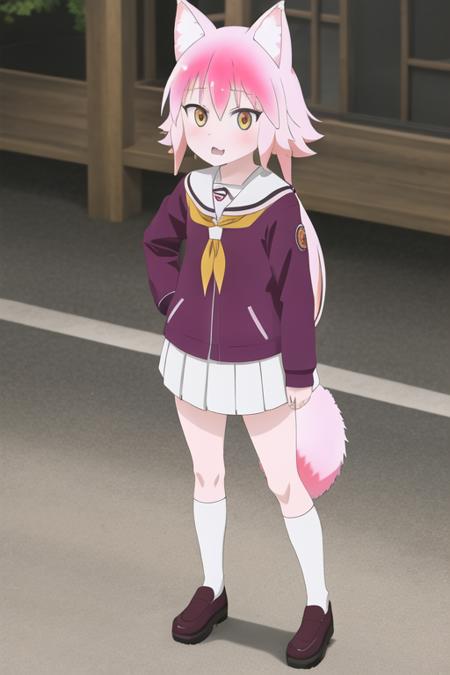 1girl, serafuku, street background, little girl, animal ears, wolf ears, wolf tail, full body, murenase, pink hair, orange yes