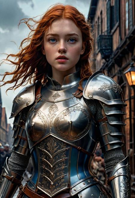 High resolution ultra-realistic of Beautiful Warrior Sadie Sink as Joan of Arc, 8k, capturing the intensity of the moment, cinematic lighting, standing on a bloody and stormy battlefield in bloody battle, wavy red hair, realistic dirty pale face, realistic blue eyes,  beautiful hourglass figure, burning in a medieval Town, intricately designed iron and silver armor, Dark Ages Aesthetic, perfect athletic figure, beautiful Warrior Joan of Arc, fire, ultra realistic, cinematic style, vigorous and seductive, athletic figure, dark fantasy, dramatic lighting, wet and sweaty skin, dirty skin, athletic figure, dark fantasy, dramatic lighting, Greg Rutkowski style,, Warrior Joan of Arc on in iron armor, hyper-detailed, hyper-realistic, bright colours, Attractive 21 old years girl, Attractive, beautiful firm Breasts, sharp focus, digital painting, Photograph Taken on Nikon D750, Alphonse Mucha, 8K, athletic figure, Hyperdetailed, hyperrealism, Attractive, Attractive bust girl, asymmetric balance