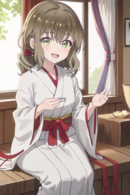 best quality, masterpiece, highres, solo, {white kimono:1.35}, {red hakama:1.35}, {wide sleeves:1.20}, {shuri_kumakumakumabear:1.15}, brown_hair, bangs, green_eyes, hair_between_eyes, bow, hair_bow, red_bow, blush, open_mouth, smile