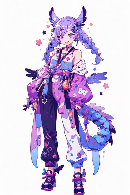 <lora:powderblue:1>, selen tatsuki, virtual youtuber, 1girl, head wings, lanyard, heterochromia, tail, purple pants, dragon, twin braids, solo, dragon tail, shoes, purple eyes, purple hair, blue eyes, braid, pants, black sweater, sneakers, animal on shoulder, sweater, smile, hairclip, hair ornament, white background, medium hair, dragon girl, full body, looking at viewer, black footwear, straight-on, standing, black nails, collarbone, bangs, simple background