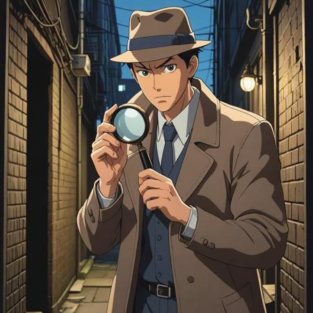 hip level shot, A detective with a magnifying glass, examining clues in a shadowy alley., (anime niji illustration :1.3)